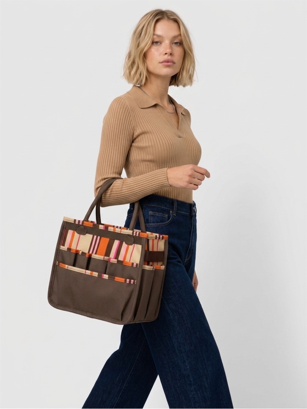 Striped Accent Brown Tote Bag - Women's Tote